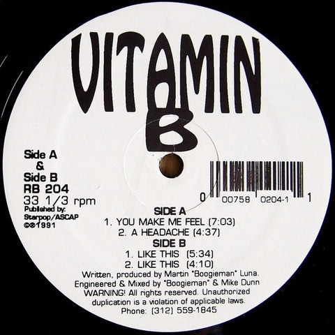 Vitamin B – You Make Me Feel - Mint- 12" Single Record 1991 Rhythm Beat USA Vinyl - Chicago House / Acid House