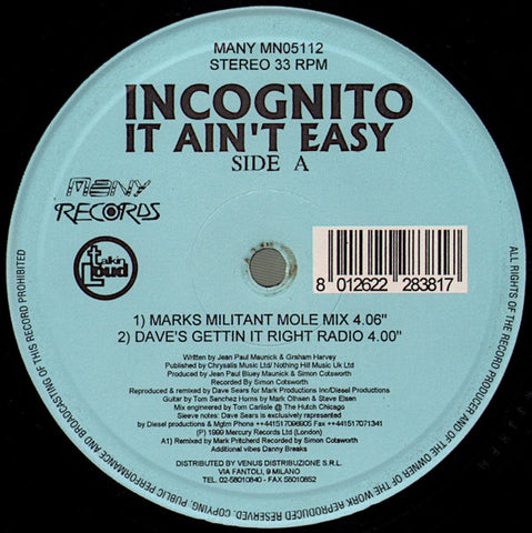 Incognito – It Ain't Easy - New 12" Single Record 1999 Many Records UK Vinyl - House / Jazzdance
