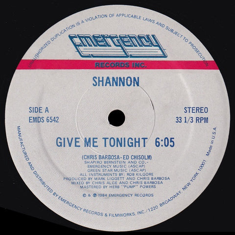 Shannon – Give Me Tonight - VG+ 12" Single Record 1984 Emergency Vinyl - Electro