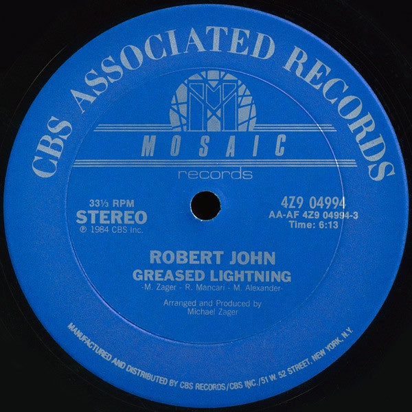 Robert John – Greased Lightning - Mint- 12" Single Record 1984 Mosaic Vinyl - Disco / Hi NRG / Synth-pop