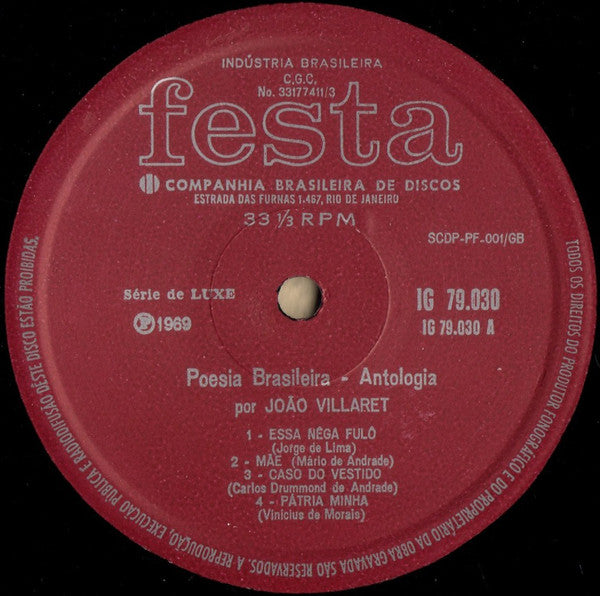 João Villaret – Moderna Poesia Brasileira - VG+ LP Record 1969 Festa Brazil Vinyl - Latin Poetry / Spoken Word - Shuga Records