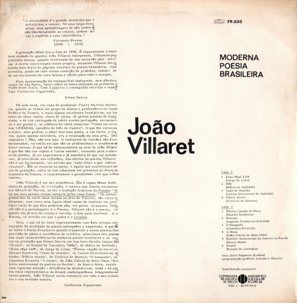 João Villaret – Moderna Poesia Brasileira - VG+ LP Record 1969 Festa Brazil Vinyl - Latin Poetry / Spoken Word - Shuga Records