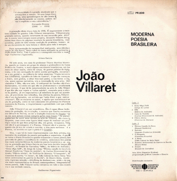 João Villaret – Moderna Poesia Brasileira - VG+ LP Record 1969 Festa Brazil Vinyl - Latin Poetry / Spoken Word