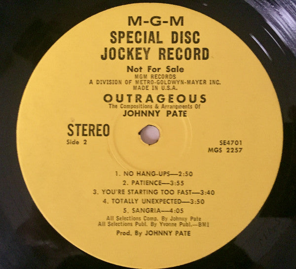 Johnny Pate ‎– Outrageous - VG+ LP Record 1970 MGM USA Promo Vinyl - Jazz /  Jazz-Funk - Shuga Records