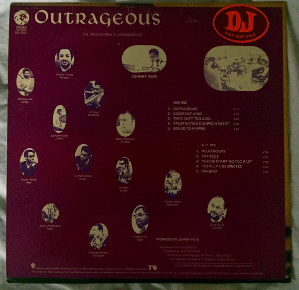 Johnny Pate ‎– Outrageous - VG+ LP Record 1970 MGM USA Promo Vinyl - Jazz /  Jazz-Funk