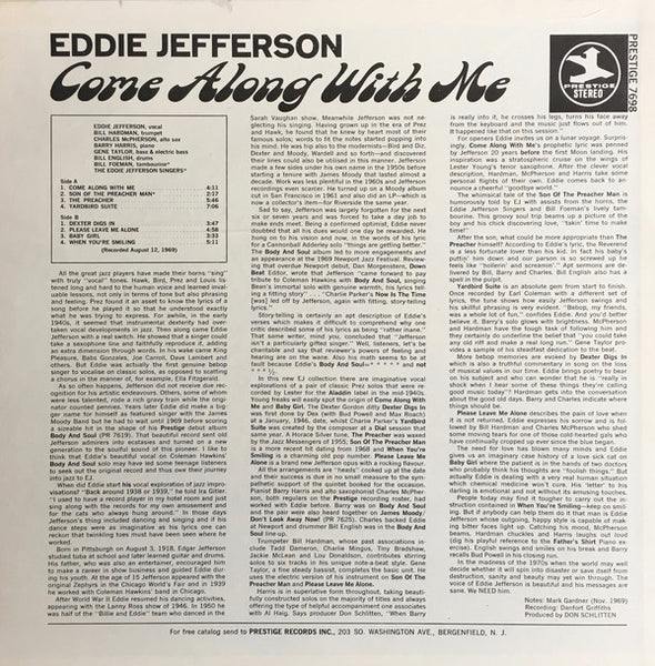 Eddie Jefferson – Come Along With Me - VG- (low grade) LP Record 1969 Prestige USA Vinyl - Jazz / Bop - Shuga Records