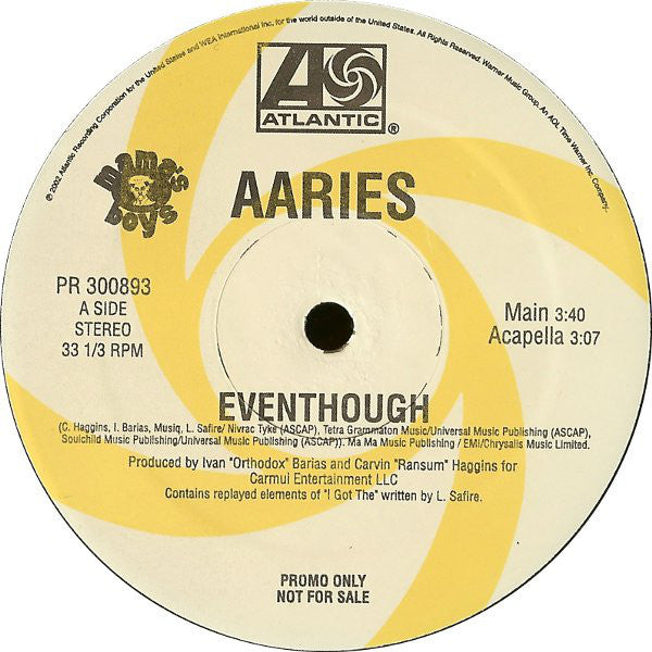 Aaries – Eventhough - Mint- 12" USA 2002 Promo - Hip Hop