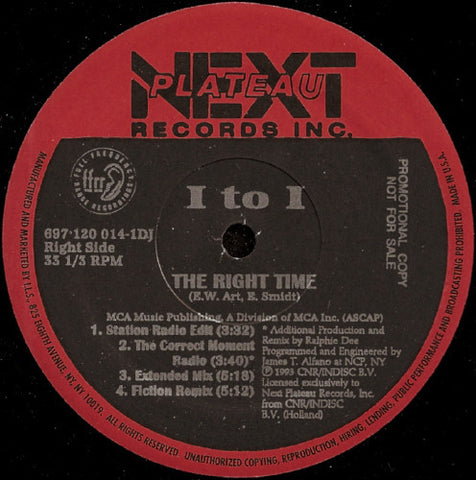 I To I ‎– The Right Time - New Vinyl Record 12" (Original 1993 USA) - House, Italo-Disco