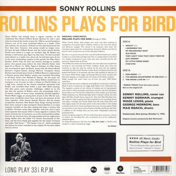Sonny Rollins Quintet With Kenny Dorham And Max Roach ‎– Rollins Plays For Bird (1956) - New LP Record 2015 WaxTime Europe Import 180 gram Vinyl - Jazz / Hard Bop - Shuga Records
