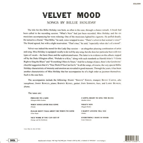 Billie Holiday - Velvet Mood (1956) - New LP Record 2015 DOL Europe 180 gram Vinyl - Jazz - Shuga Records