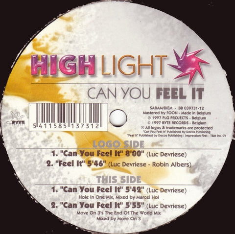 Highlight – Can You Feel It - New 12" Single Record 1997 Byte Belgium Vinyl - Progressive House