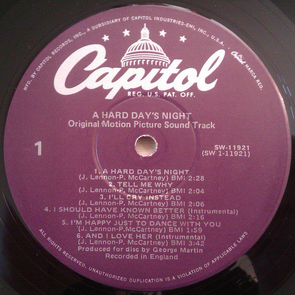 The Beatles - A Hard Day's Night (1964) - VG+ LP Record 1980 Capitol USA Purple label Stereo Vinyl - Pop Rock / Soundtrack - Shuga Records