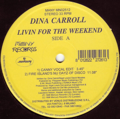 Dina Carroll – Livin For The Weekend - New LP Record 1998 Many Italy Vinyl - House / Euro House