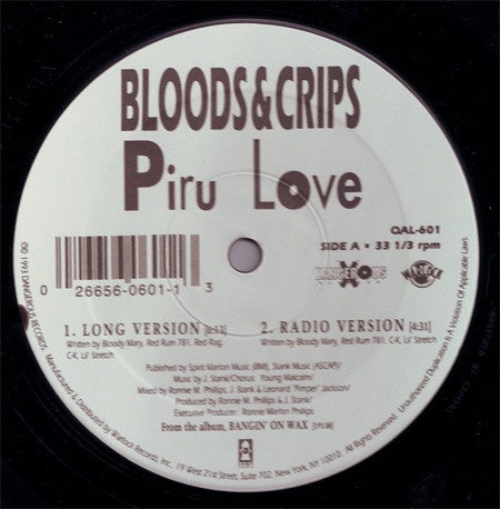Bloods & Crips – Piru Love / Puttin' In Work - VG Single Record 1996 Dangerous Vinyl - Gangsta Rap / G-Funk