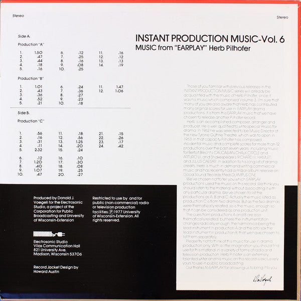 Herb Pilhofer ‎– Instant Production Music-Vol. 6: Music From "Earplay" - VG+ LP Record 1977 University Of Wisconsin USA Vinyl - Jazz / Theme / Funk / Beats - Shuga Records