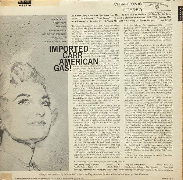 Carole Carr – Imported Carr - American Gas! - VG LP Record 1959 Warner USA Stereo Vinyl - Jazz / Pop / Vocal - Shuga Records