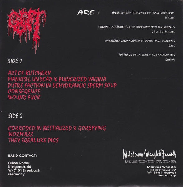 Gut – Spermanys Most Wanted - Mint- 7" EP Record 1992 MMI Germany Vinyl & Insert - Goregrind / Pornogrind - Shuga Records