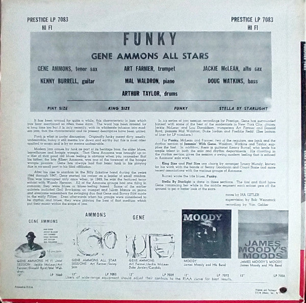 Gene Ammons – Funky (1957) - VG+ LP Record 1964 Prestige USA Mono Vinyl - Jazz / Bop / Soul-Jazz - Shuga Records