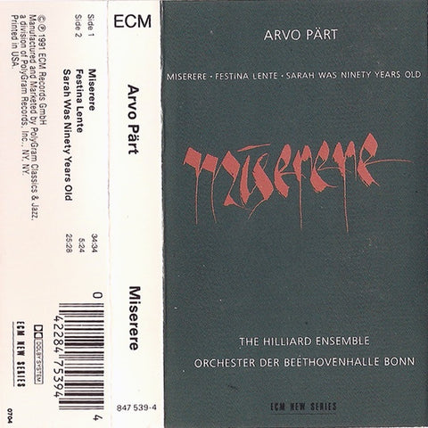 Arvo Pärt - The Hilliard Ensemble, Orchester Der Beethovenhalle Bonn – Miserere - Used Cassette 1991 ECM New Series Tape - Post-Modern Classical