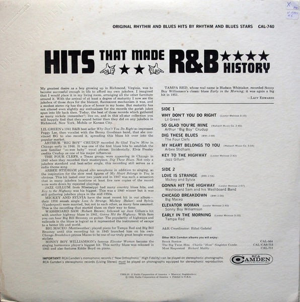 Various – Original Rhythm And Blues Hits By Rhythm And Blues Stars - VG+ LP Record 1963 RCA Camden USA Mono Vinyl - Blues / Rhythm & Blues - Shuga Records