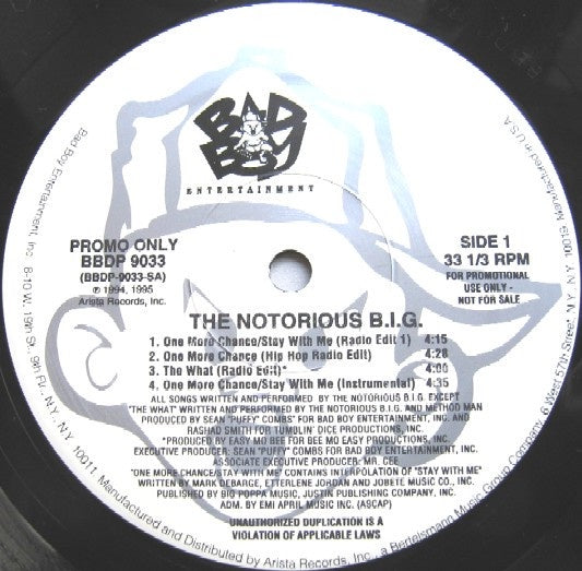 The Notorious B.I.G. – One More Chance - Mint- 12" Promo Single Record Bad Boy Vinyl - Hip Hop - Shuga Records