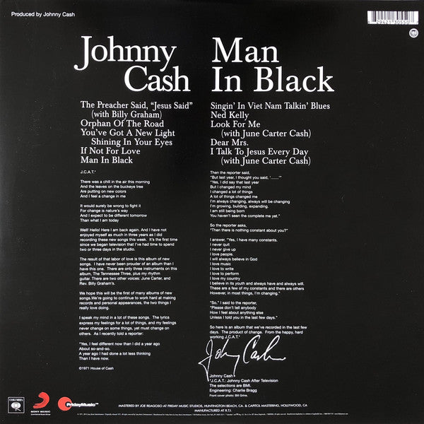 Johnny Cash - Man In Black - New LP Record 2016 CBS/Friday Music USA 180 gram Translucent Blue Vinyl - Country / Country Rock