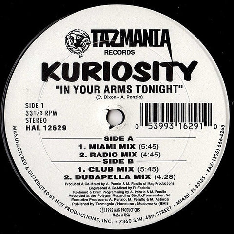 Kuriosity – In Your Arms Tonight - New 12" Single Record 1995 Tazmania USA Vinyl - Electronic / House / Freestyle