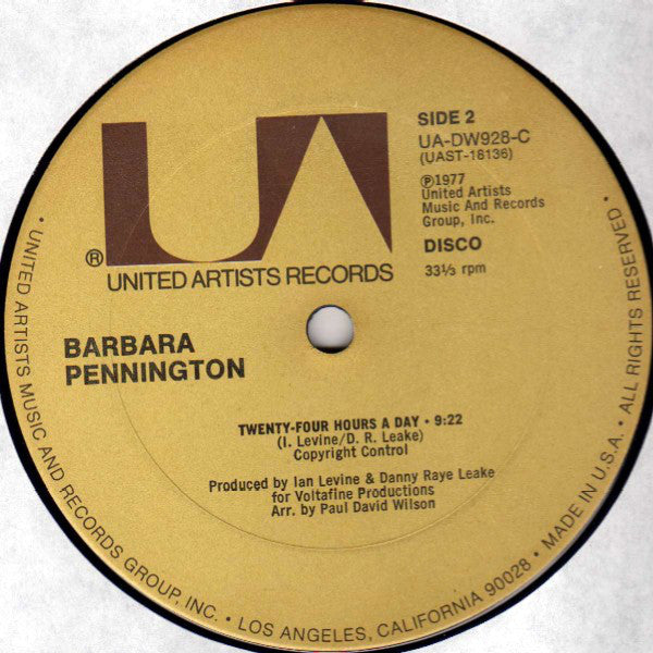 Barbara Pennington - Twenty Four Hours A Day - VG+ 12" Single Record 1977 United Artists USA Vinyl - Disco - Shuga Records