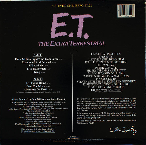 John Williams ‎– E.T. The Extra-Terrestrial (Music From The Original Motion Picture) - VG+ Lp Record 1982 MCA USA Original Vinyl - Soundtrack - Shuga Records