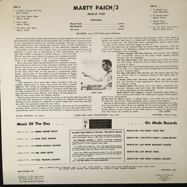 Marty Paich Trio ‎– Marty Paich Trio (1957) - New LP Record 1988 Mode USA Vinyl - Jazz