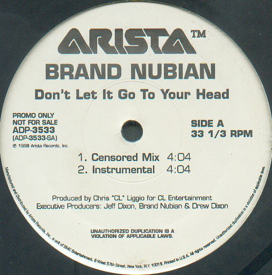 Brand Nubian ‎– Don't Let It Go To Your Head - VG+ 12" Single Record 1998 USA Promo - Hip Hop