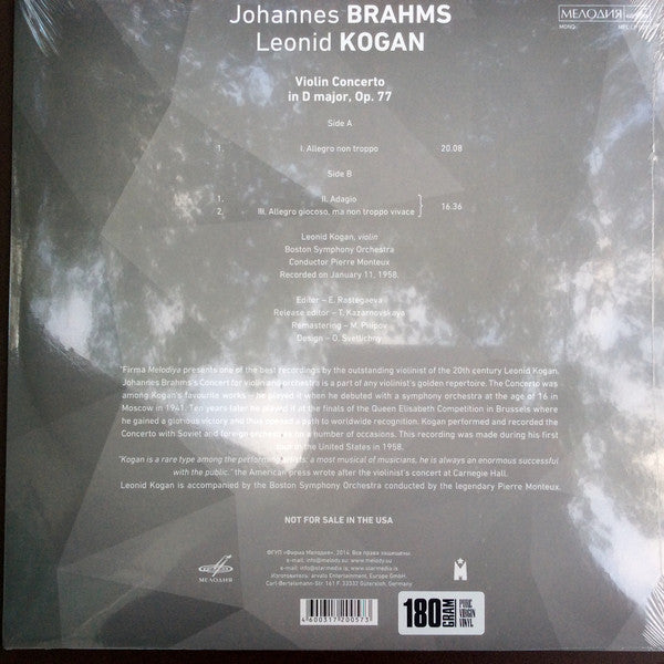 Leonid Kogan, Boston Symphony Orchestra, Pierre Monteux, Johannes Brahms ‎– Leonid Kogan Volume 1 (1958) - New LP Record 2014 Меlodiya Europe Import 180 gram Vinyl - Classical / Violin / Romantic - Shuga Records