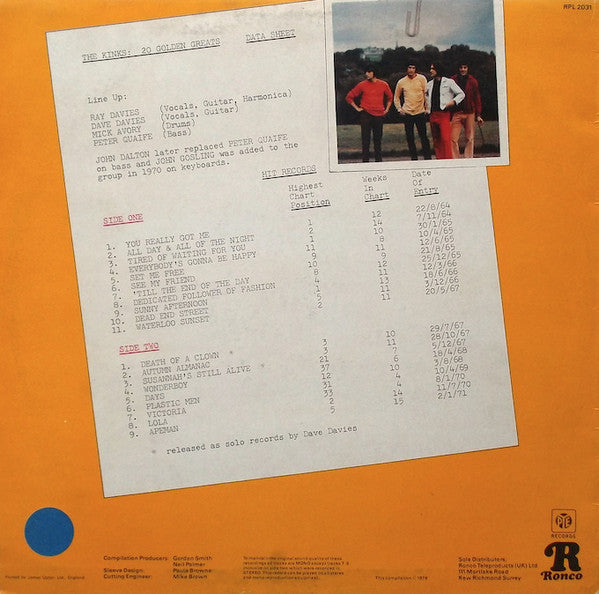 The Kinks - 20 Golden Greats - VG+ LP Record 1978 Ronco UK Import Vinyl - Pop Rock / Mod - Shuga Records