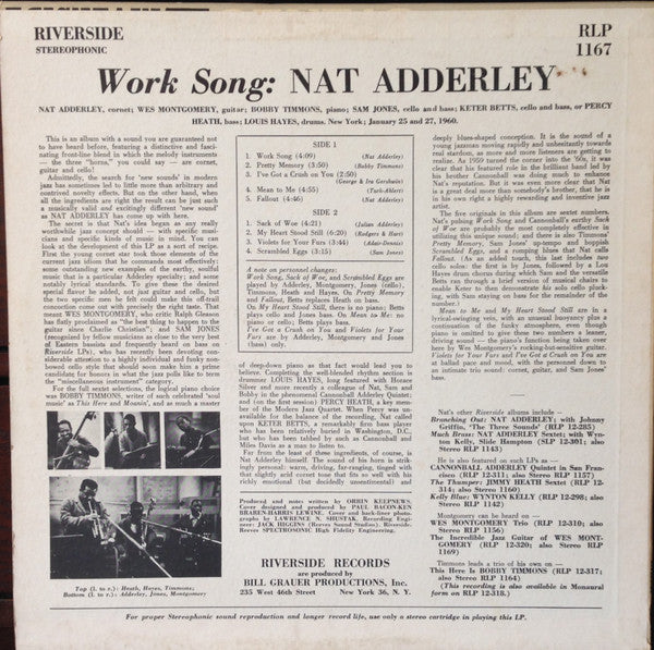 Nat Adderley – Work Song - VG LP Record 1960 Riverside USA Mono Vinyl - Jazz / Hard Bop