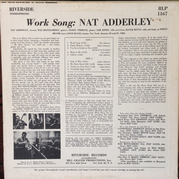 Nat Adderley – Work Song - VG LP Record 1960 Riverside USA Mono Vinyl - Jazz / Hard Bop - Shuga Records