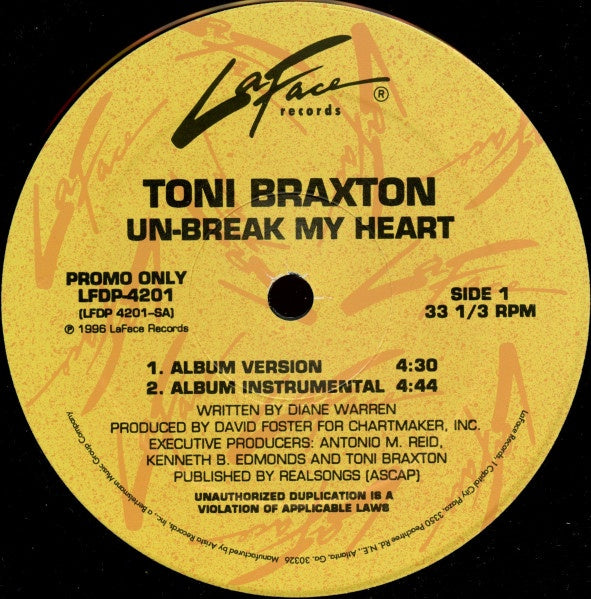 Toni Braxton – Un-Break My Heart - VG+ 12" Single Record 1996 LaFace USA Promo Vinyl - Soul / R&B