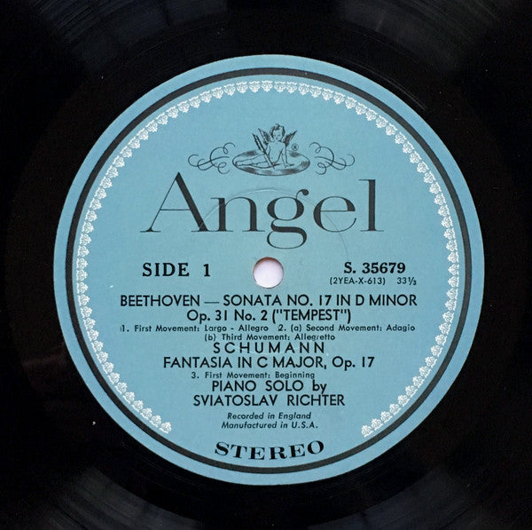 Sviatoslav Richter - Beethoven / Schumann ‎– Sonata In D Minor Op. 31 No. 2, "Tempest" / Fantasia In C Major Op. 17 - VG+ Lp Record 1960's Angel USA Stereo Vinyl - Classical - Shuga Records