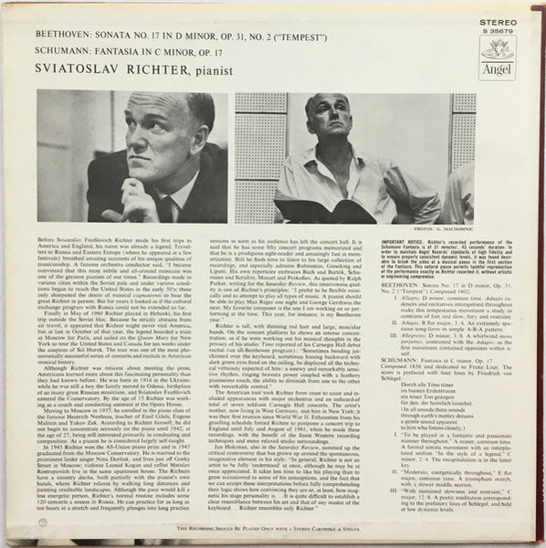 Sviatoslav Richter - Beethoven / Schumann ‎– Sonata In D Minor Op. 31 No. 2, "Tempest" / Fantasia In C Major Op. 17 - VG+ Lp Record 1960's Angel USA Stereo Vinyl - Classical - Shuga Records