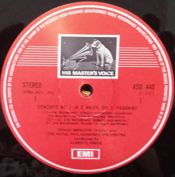 Yehudi Menuhin / The Royal Philharmonic Orchestra / Alberto Erede - Paganini – Violin Concertos No. 1 In D Major / No. 2 In B Minor (1961) - Mint- LP Record 1970s His Master's Voice Odeon UK Import Vinyl - Classical - Shuga Records