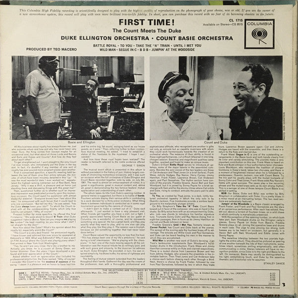 Duke Ellington And Count Basie ‎– First Time! The Count Meets The Duke - VG LP Record 1962 Stereo USA 6 eye Label Vinyl - Jazz - Shuga Records