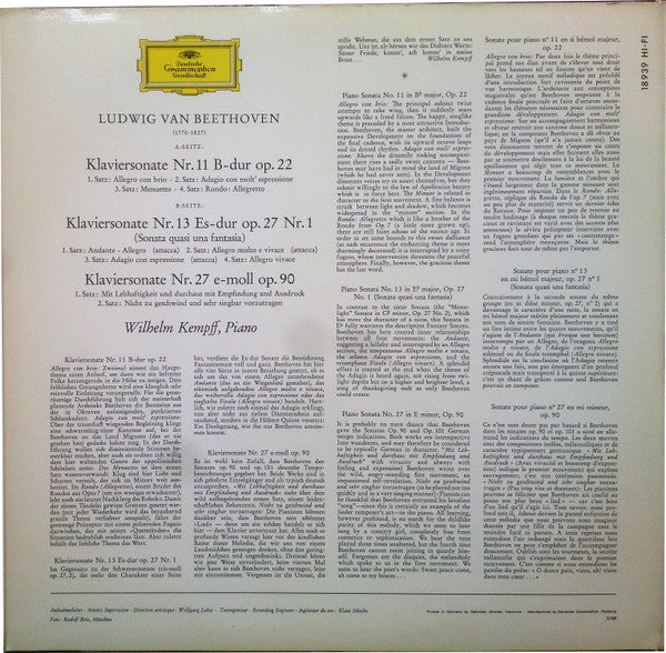 Wilhelm Kempff - Beethoven – Piano Sontatas No. 11,13 & 27 - VG+ LP Record 1966 Deutsche Grammophon Germany Mono Original Vinyl - Classical