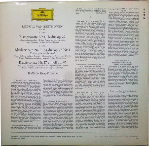 Wilhelm Kempff - Beethoven – Piano Sontatas No. 11,13 & 27 - VG+ LP Record 1966 Deutsche Grammophon Germany Mono Original Vinyl - Classical - Shuga Records