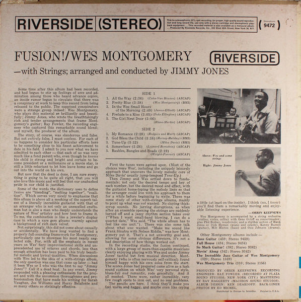 Wes Montgomery ‎– Fusion! - VG+ LP Record 1963 Riverside USA Stere Vinyl - Jazz - Shuga Records