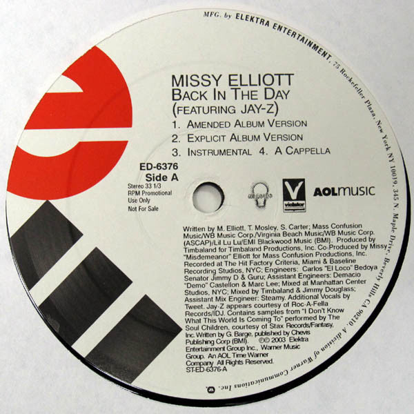 Missy Elliott Featuring Jay-Z – Back In The Day / P***ycat - VG+ 12" Single Record 2003 Elektra USA Promo Vinyl - Hip Hop