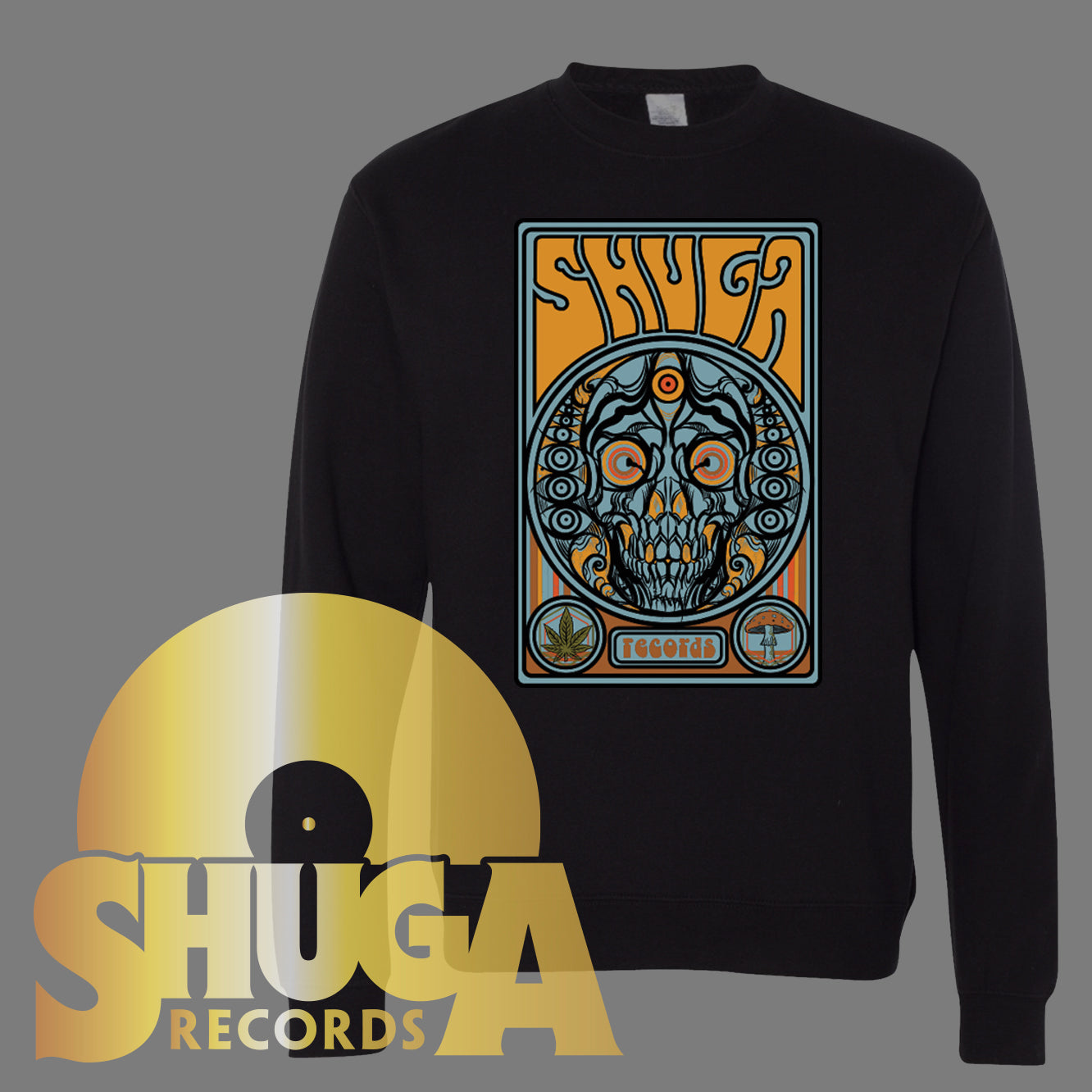 Shuga Records 'Trippy Skull' Design Black Crewneck Sweatshirts