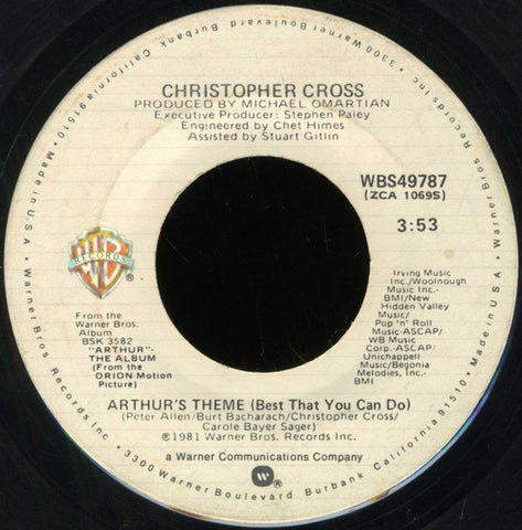 Christopher Cross- Arthur's Theme (Best That You Can Do) / Minstrel Gigolo- VG+ 7" Single 45RPM- 1981 Warner Bros. Records USA- Rock