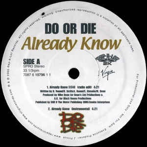 Do Or Die ‎– Already Know - VG 12" Single 2000 Rap-A-Lot 2K USA - Hip Hop