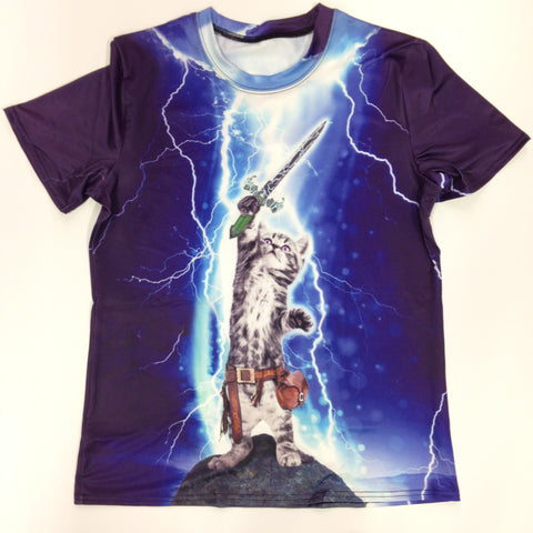 Cat in Lightning w/Sword - 88% Polyester / 12% Spandex Blend T-Shirt