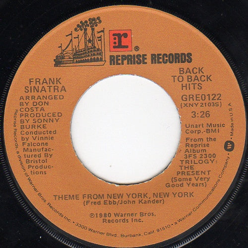 Frank Sinatra ‎– Theme From New York, New York / You And Me (We Wanted It All) VG+ 7" Single 1980 Reprise: Back to Back Hits - Jazz - Shuga Records