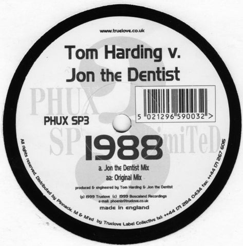 Tom Harding V Jon The Dentist ‎– 1988 - New 10" Single 1999 UK Phoenix Uprising Vinyl - Trance / Acid